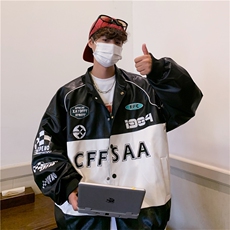 欧美街头复古PU皮衣棒球服男高街痞帅宽松夹克外套JK08519-P70，男装夹克，星座308B-1