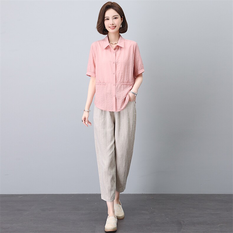 夏装搭配一整套2025新款妈妈休闲衬衫亚麻九分裤棉麻套装女两件套,女装套装/套裙,韩派