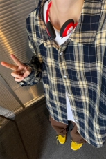 特批P30无差价2025春格子翻领长袖衬衫男女中性潮流宽松衬衣C5450，男装衬衫，电商A001-1