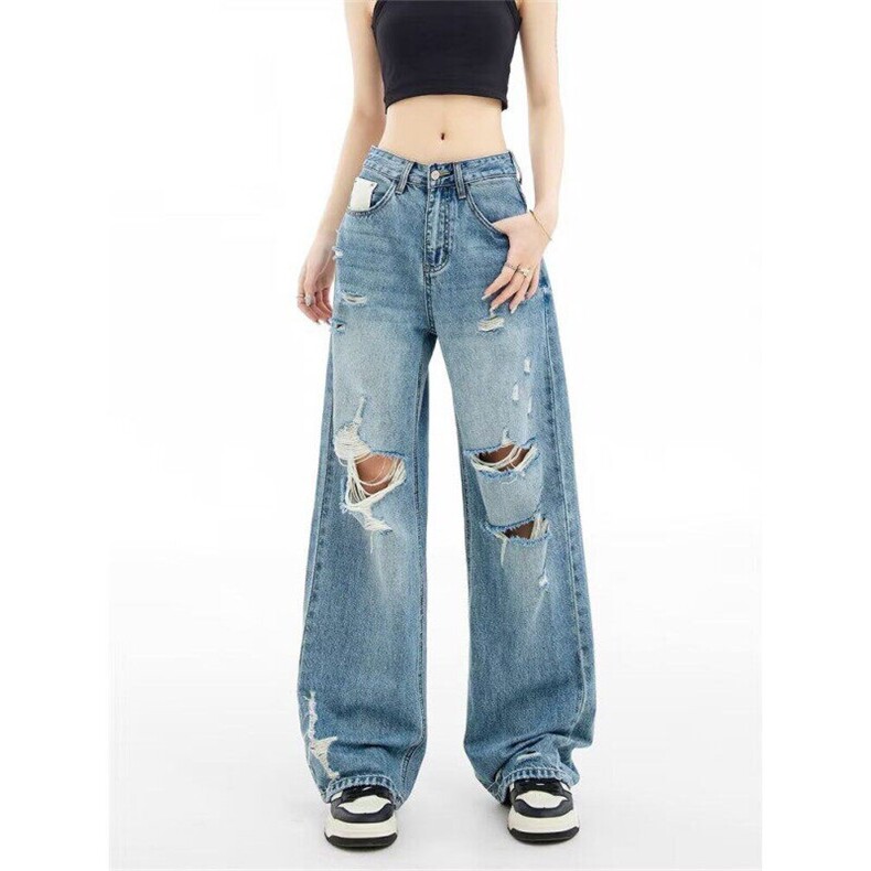 美式复古破洞牛仔裤女2025夏季宽松显瘦直筒休闲阔腿裤加长裤子，男装牛仔裤，星座813-3