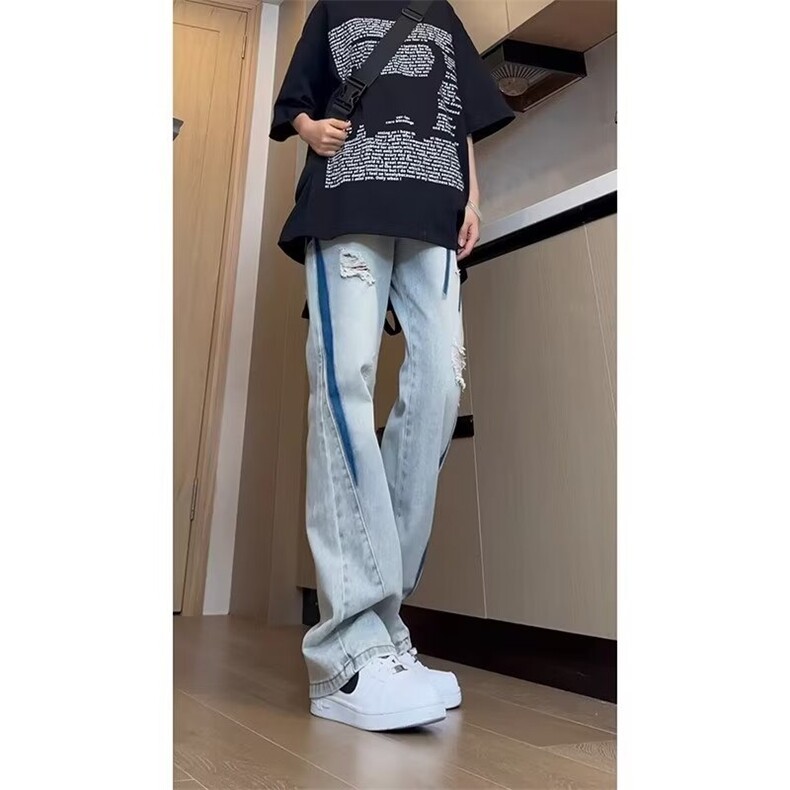 扎染破洞牛仔裤男款夏季潮牌痞帅炸街裤子美式高街显瘦直筒微喇裤,男装牛仔裤,星座218-1（原230）