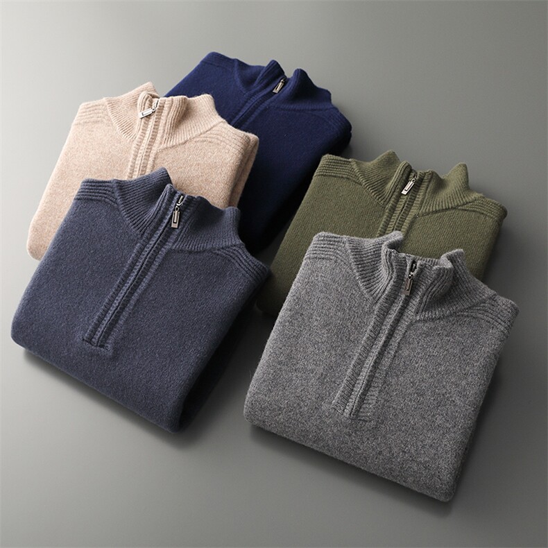 秋冬新款男士羊毛衫舒适百搭半高领拉链设计时尚保暖针织毛衣，男装羊毛衫，牧圣羊绒