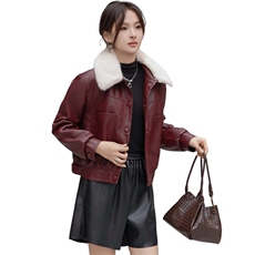 现货海宁f仿真皮皮衣女加绒加厚短款2024冬季新款女士宽松皮外套，女装皮衣，跑量工厂店