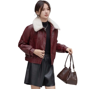 现货海宁f仿真皮皮衣女加绒加厚短款2024冬季新款女士宽松皮外套图片