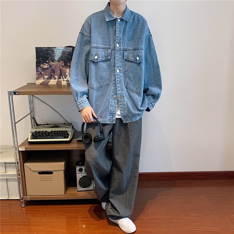 美式复古vintage牛仔外套女春秋季薄款设计感小众宽松夹克上衣潮,男装工装外套,星座1210-1