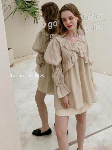 2021秋季荷叶边韩版百搭衬衣黑。白杏3色S-L，其它，Jarmore隽末