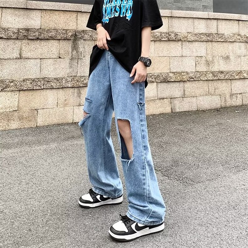 破洞牛仔裤男秋季潮大码休闲裤子高街S897P38图片