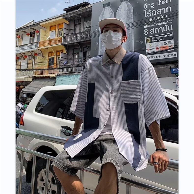 日系阿美咔叽薄款条纹拼接工装短袖衬衫男夏季休闲衬衣CY211-P34图片