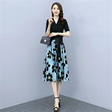 2022夏季新款简约时尚优雅气质V领个性蝴蝶结系带装饰两件套裙，女装套装/套裙，岚衣(原川流布茜）