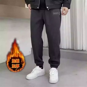 美式高街卫裤男宽松加绒加厚束脚运动裤侧边条纹裤子拼接休闲长裤图片