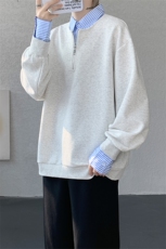 新款假两件条纹拉链衬衫领休闲春款卫衣高街休闲学院卫衣特P50，男装卫衣，电商B319