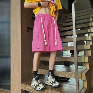 粉色拉链口袋拼接工装裤长裤男女同款潮阔腿松紧腰短裤D1075-P38图片