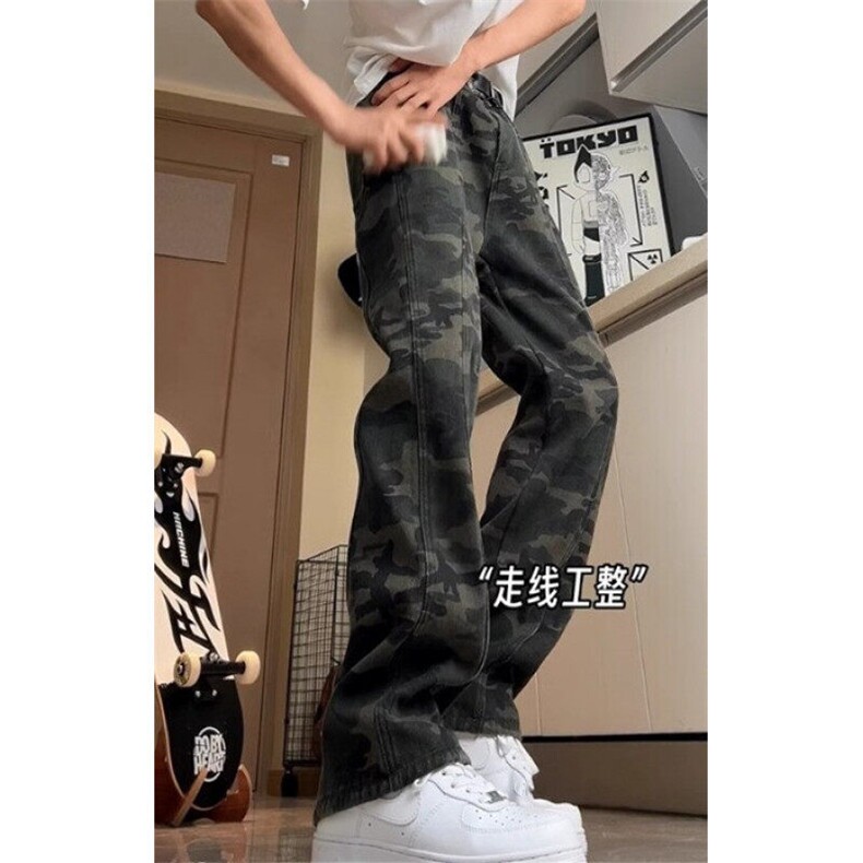 美式复古迷彩牛仔裤男夏季高腰提档阔腿微喇裤潮牌高街工装长裤子图片