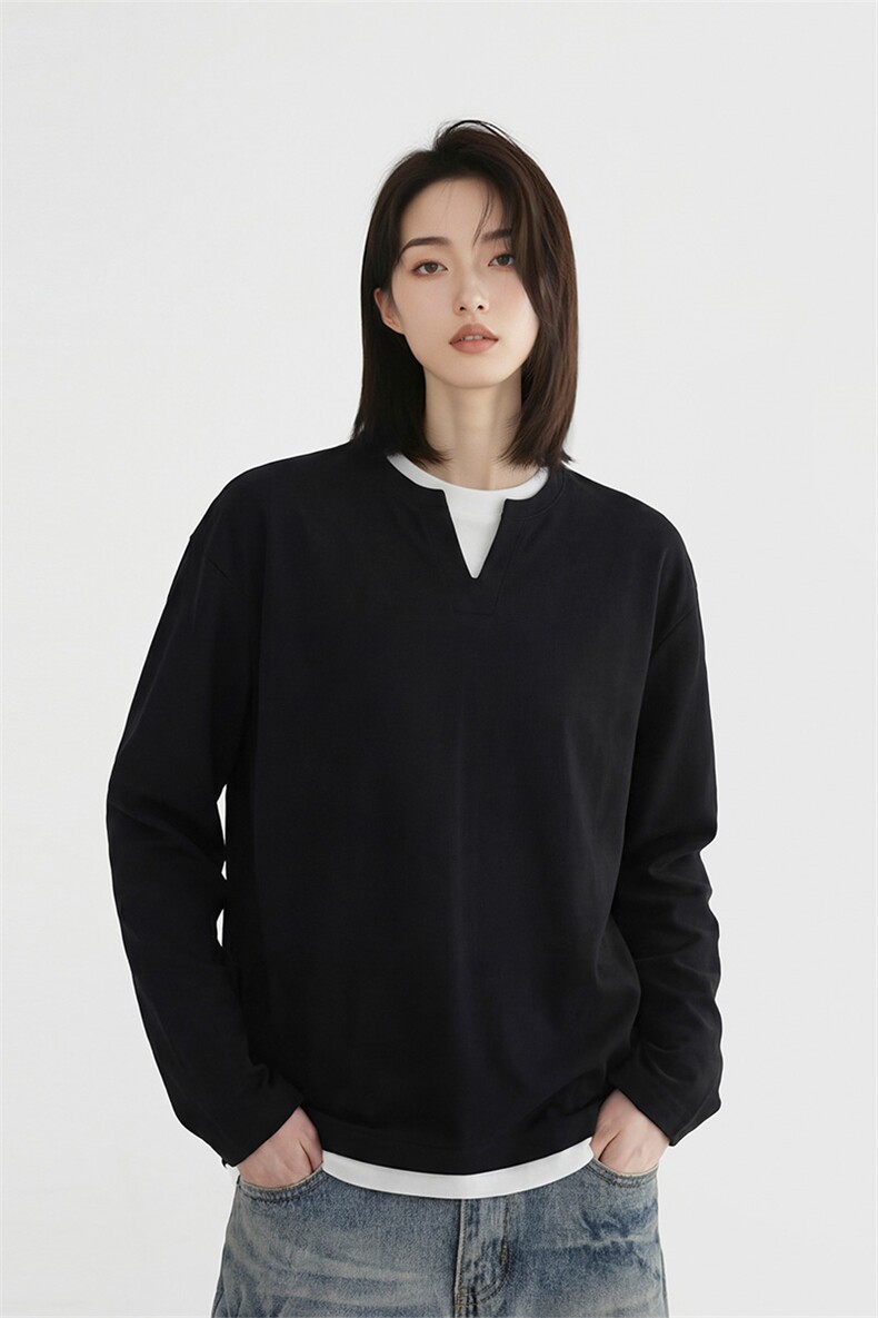 假两件V领卫衣情侣复古长袖上衣打底衫T恤男女C64145-TP3268,男装T恤,电商A102