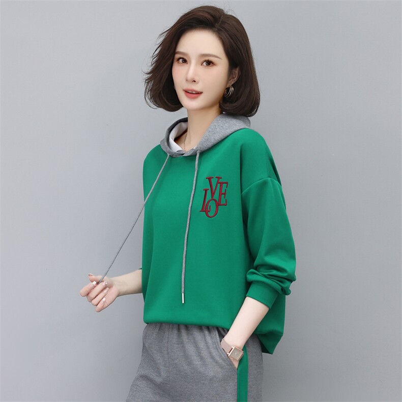 时尚休闲宽松连帽刺绣卫衣套装女秋冬季新款韩版百搭显瘦长袖上衣裤子两件套,女装卫衣/绒衫,依恋蒂丝
