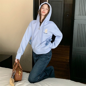 女连帽拉链卫衣阔腿牛仔裤设计感两件套图片