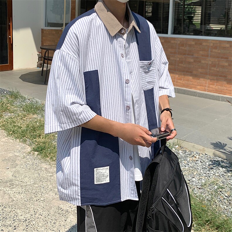 S29-P34日系复古条纹拼接短袖衬衫,男装衬衫,星座1501-1