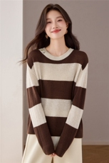 100%细羊毛慵懒针织衫春秋打底长袖女条纹大码宽松亲肤蝙蝠袖毛衣，女装羊毛衫，艾米