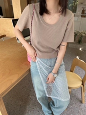 2025年春夏季显瘦气质韩版U型领短袖针织衫女百搭上衣，女装针织衫/毛衣，圣旺供货