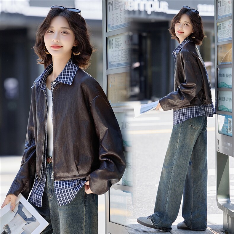 3120时尚格纹拼接皮衣外套，女装皮衣，香莘料