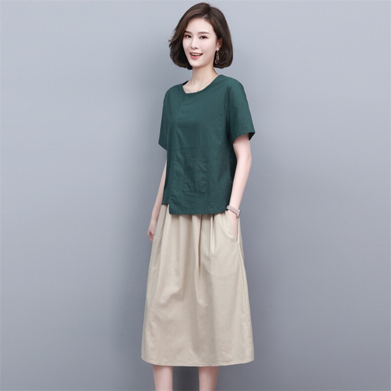 亚麻女高端棉麻套装2025新款女士半身裙年轻款高端中年妈妈两件套,女装套装/套裙,璐依舞