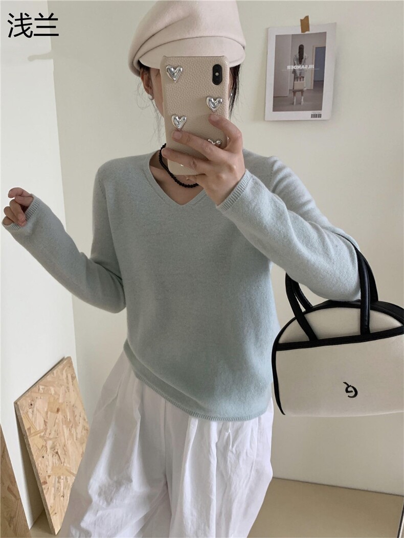 时尚百搭V领羊毛衫显瘦修身纯色打底衫优雅气质女装毛衣,针织衫/毛衣,牧思羊
