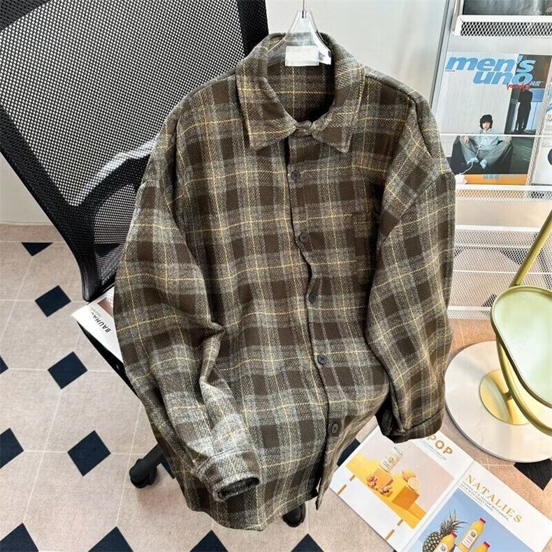日系复古格子衬衫男休闲外套长袖衬衣夹克潮牌男上衣服C0355-p55,男装夹克,星座1008