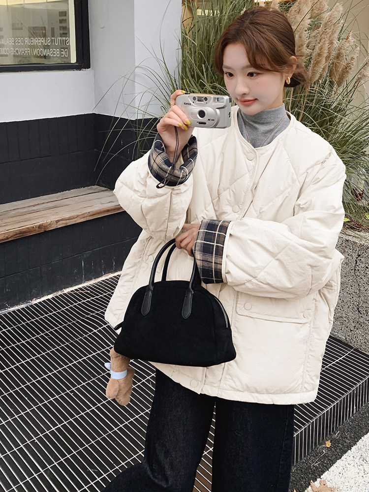 韩版时尚拼格纹轻薄款羽绒服女2025年冬季新款显瘦加厚白鸭绒外套,女装羽绒服,浙宝305