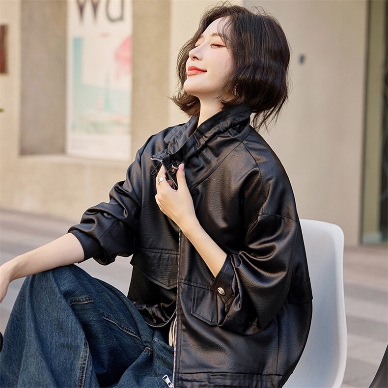 黑色复古仿pu皮夹克宽松休闲飞机服休闲帅气美式外套,女装短外套,梦懿尔