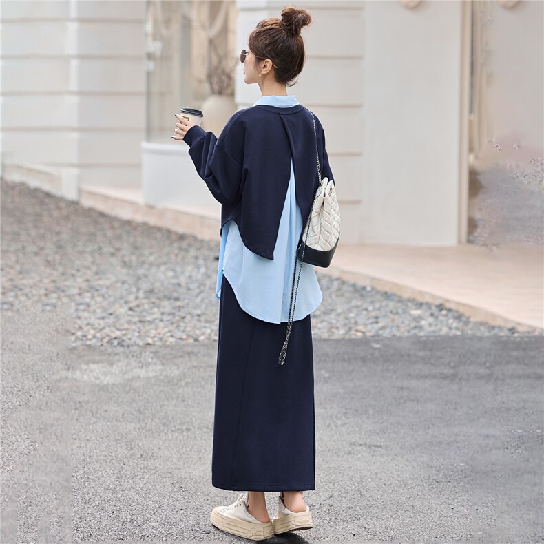 2025年秋装新款纯色衬衫长袖卫衣半身裙三件套装,女装套装/套裙,简韵佳