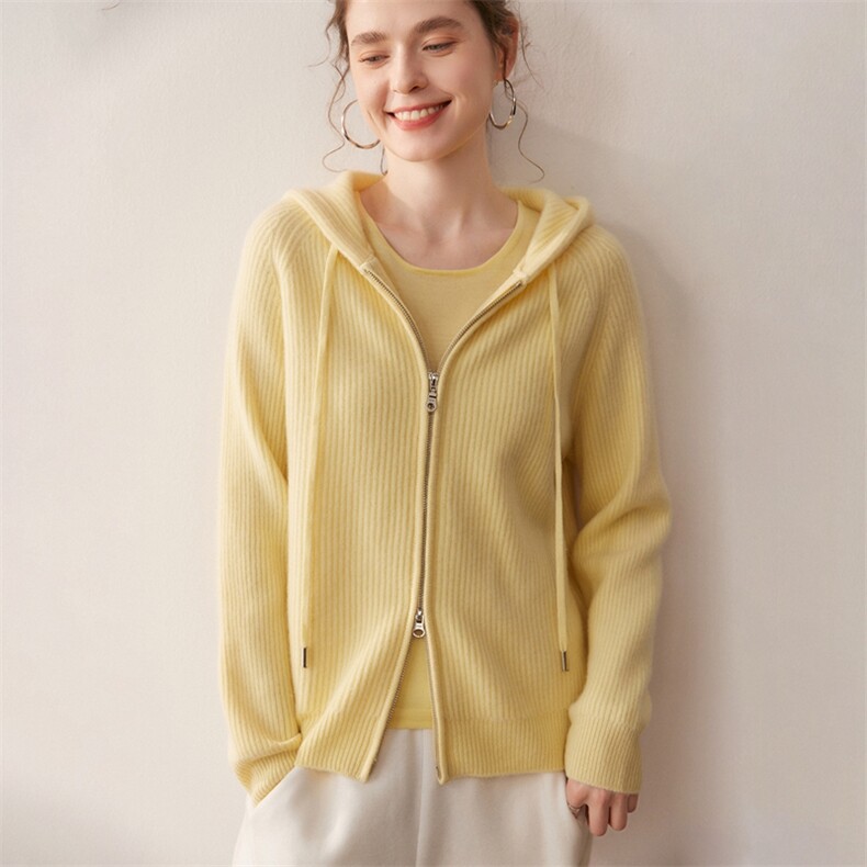 465克~休闲宽松山羊绒开衫女厚毛衣外套2025秋冬连帽拉链针织衫黄,针织衫/毛衣,朵沐纯羊绒