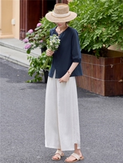 棉麻风藏青色休闲短袖上衣配阔腿裤套装女，女装套装/套裙，水衣源