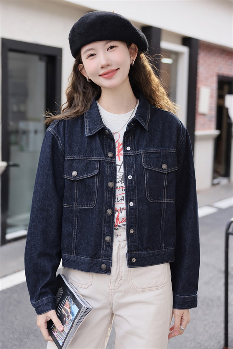 现货可推2024新款秋装港风复古简约宽松休闲气质水洗牛仔外套女,女装牛仔外套,苗苗