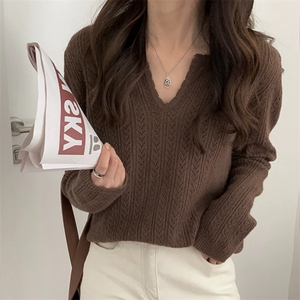 时尚百搭女士秋季新款简约V领针织衫 长袖修身显瘦毛衣外套图片