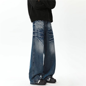 2024美式复古闪电爆裂纹牛仔裤男宽松阔腿直筒休闲长裤N8020图片