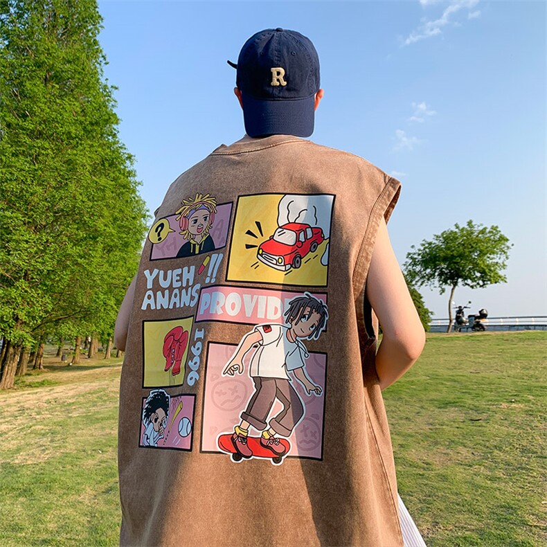 抖音供货、230克现货水洗棉印花宽松版无袖背心D223A-SB2329-P35，男装背心/马甲，电商019-1