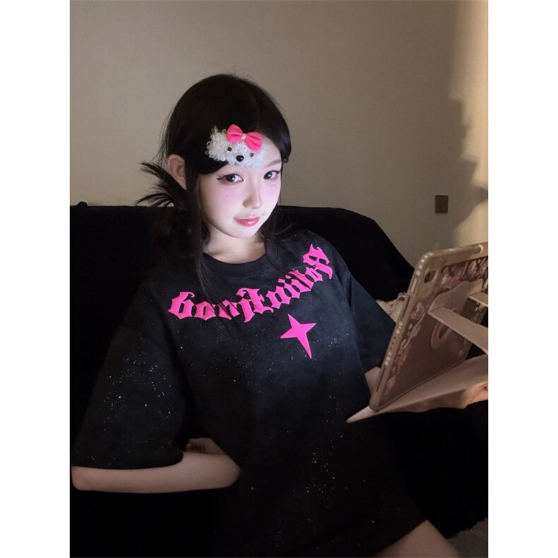 H0915-P35原版裁片印+大小烫金螺纹领+包边拉肩休闲短袖T恤,女装T恤,星座617A-2