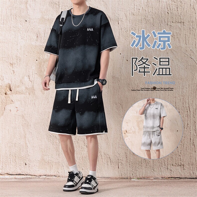 渐变色扎染短袖T恤套装男五分短袖休闲运动套装217-2-TZ08-特P55,男装T恤,星座217-2