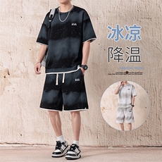 渐变色扎染短袖T恤套装男五分短袖休闲运动套装217-2-TZ08-特P55，男装T恤，星座217-2