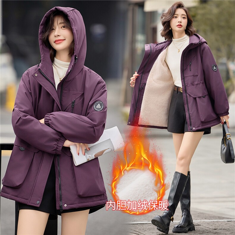 独特漂亮紫色加绒加厚派克服女2025冬季休闲宽松收腰显瘦棉服外套图片
