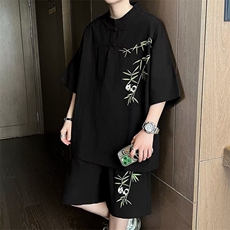 套装男士短袖港风潮流刺绣翠竹帅气2024夏季ins两件套W5823-P50，男装休闲套装，星座412-3