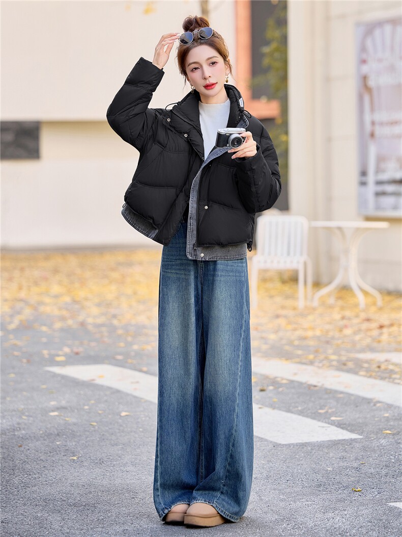 2025新款冬季牛仔拼接立领短款羽绒服外套,女装羽绒服,E百度