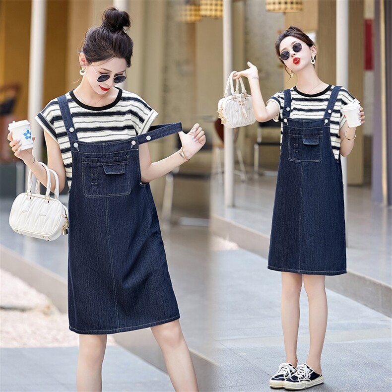 大货已出全棉条纹T恤+牛仔背带裤两件套套裙,女装套装/套裙,辰辰家