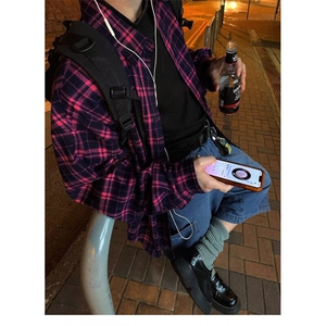 DK356-P45D美式复古格子长袖衬衫男女宽松百搭情侣衬衣-网图现货图片
