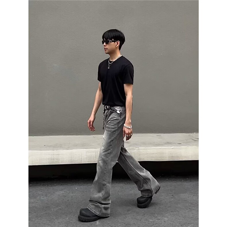 2026美式高街t水洗做旧黄泥染牛仔裤男女直筒vibe风微喇裤NB227,男装牛仔裤,星座516A