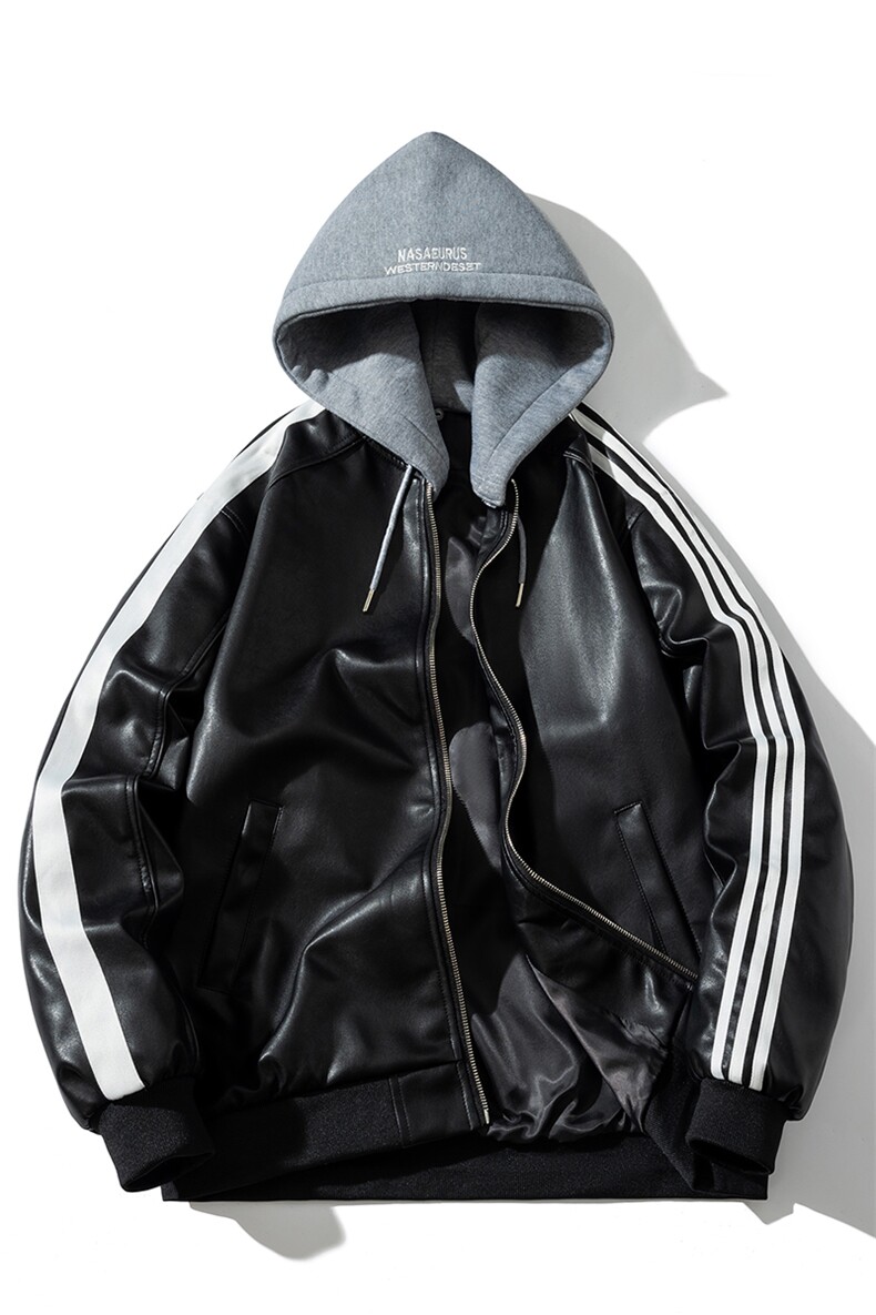 现货三条杠袖子PU皮棒球服外套秋冬棉服,男装棉衣,电商A105