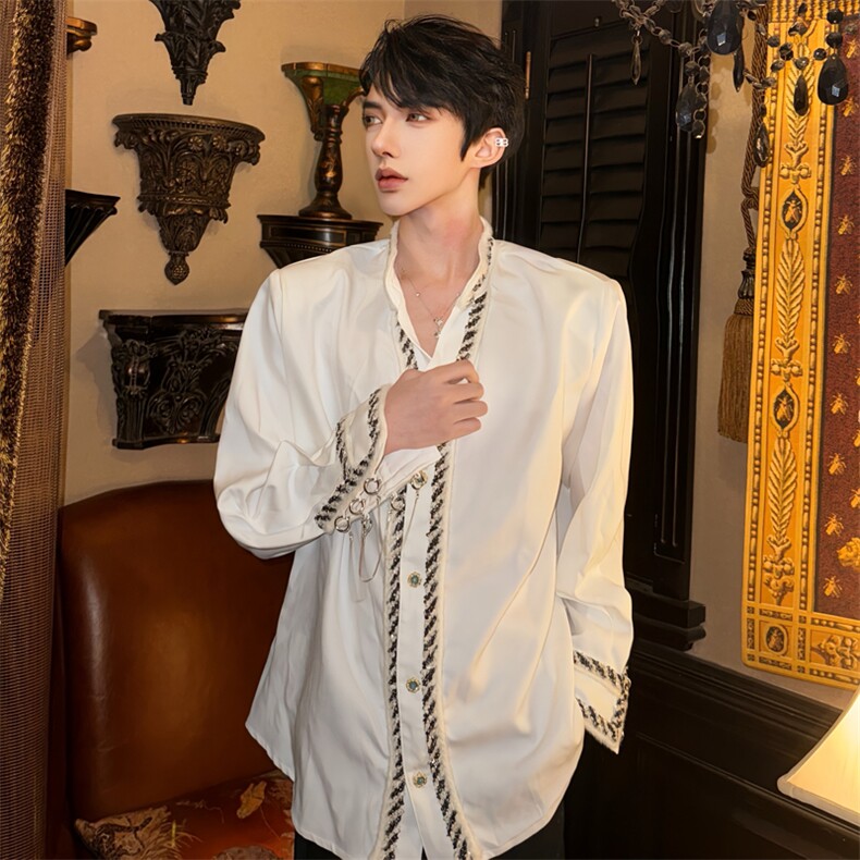 （）小众重工小香风镶边袖口铁链立领男抗皱衬衫男5006-P108,男装衬衫,星座910-5