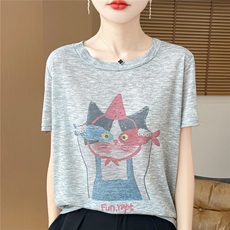 夏季2025年夏季常规不连帽短袖宽松型通勤小马印花时尚百搭通勤，女装T恤，朝贺羊绒