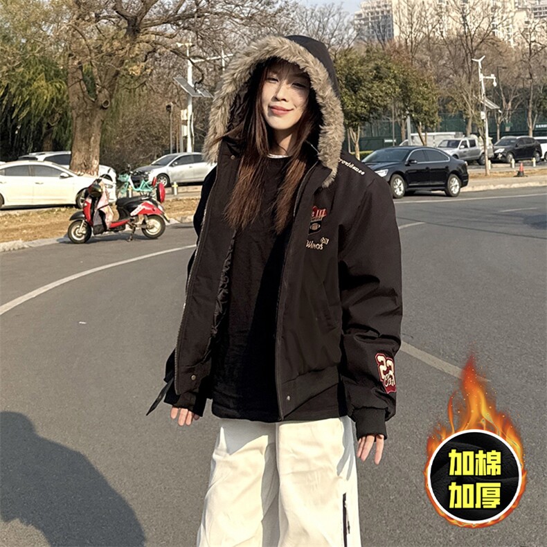 现货高品质美式高街重磅刺绣座山雕大毛毛领棉衣男女加厚棉服外套，男装棉衣，电商A486