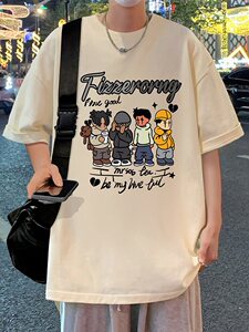 青少年短袖T恤男生夏季纯棉重磅卡通印花潮牌宽松大码五分袖衣服图片